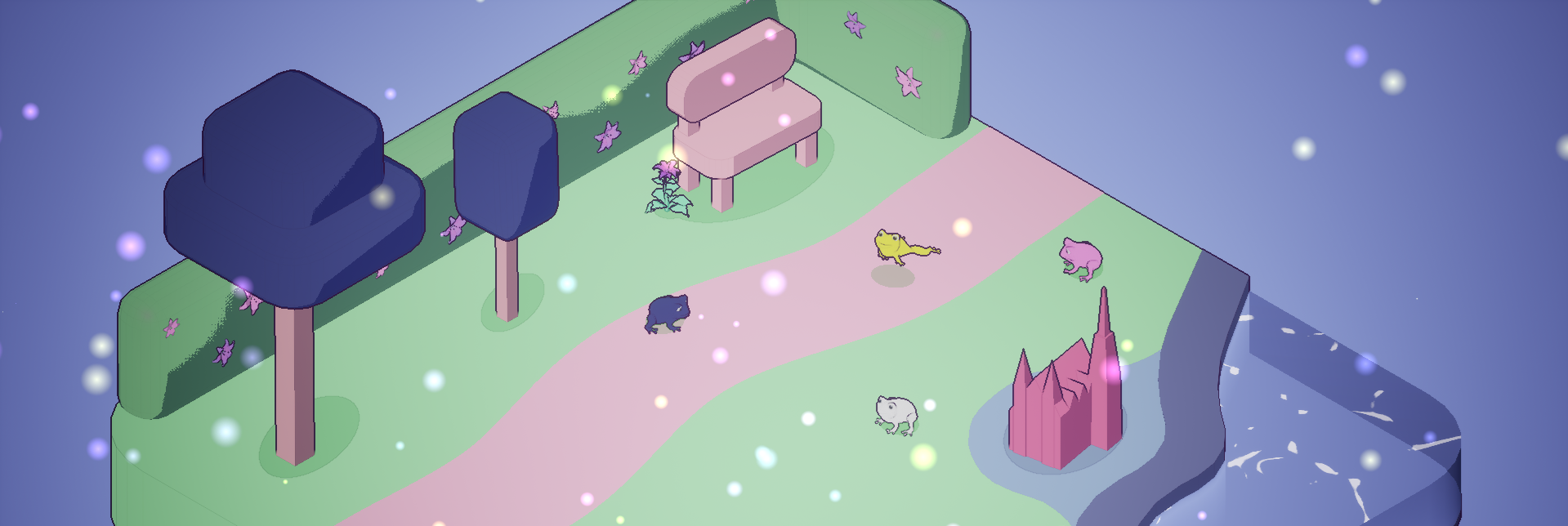 Screenshot of the newest game showing frogs in a park.