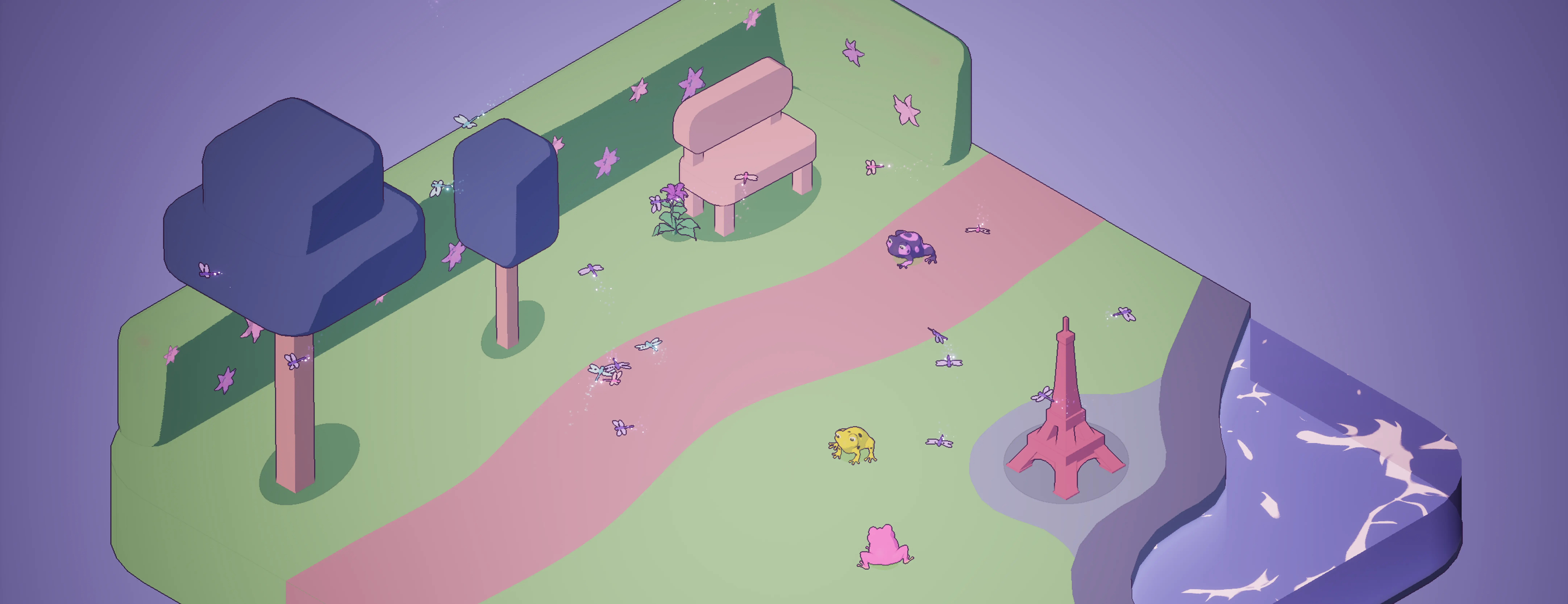 Game screenshot showing frogs in a park and a small eiffel tower.